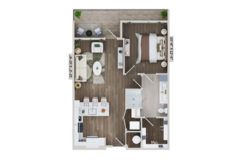 Floor plan for 1 bed, 1 bath, 730 sqft